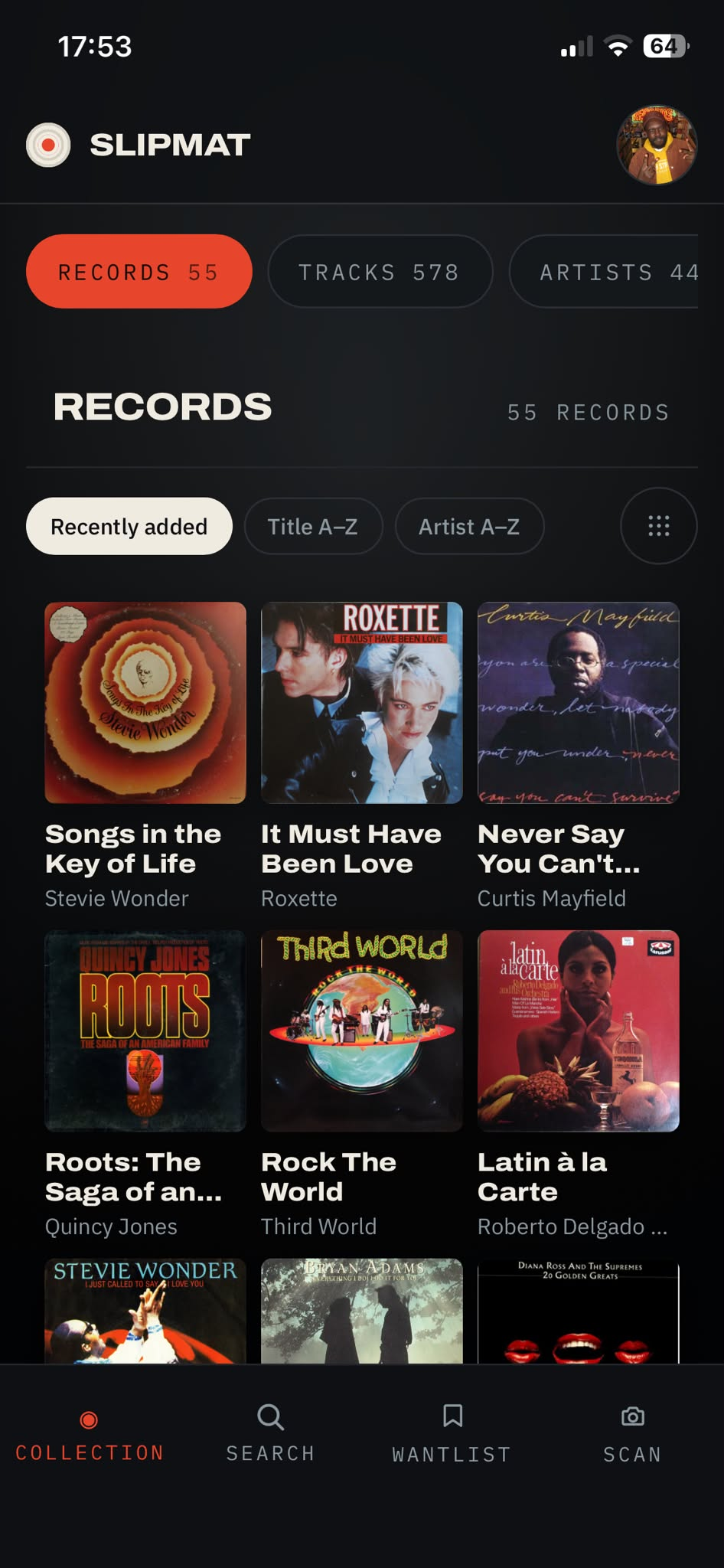 Slipmat's collection view with Songs In The Key Of Life saved among 55 records