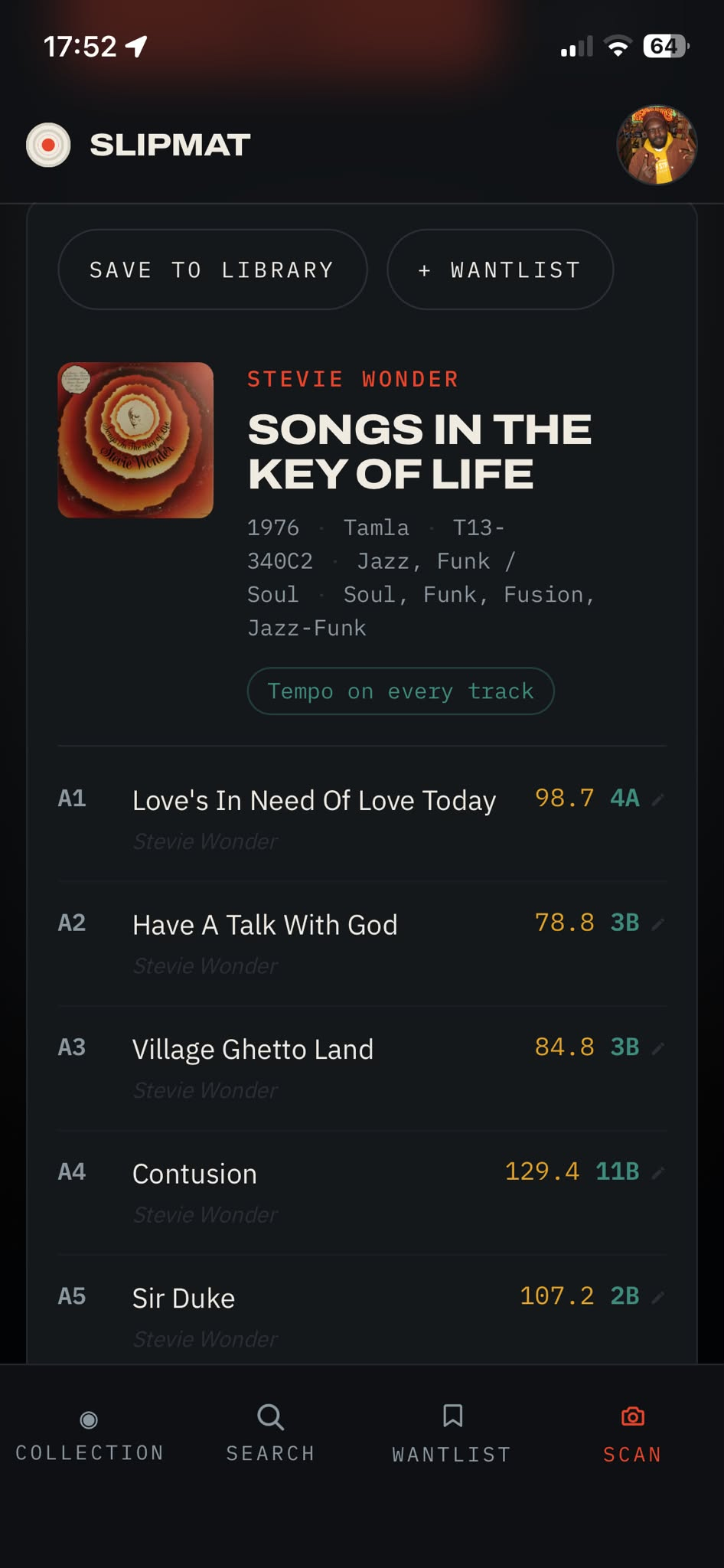 Slipmat showing the pressing details and full tracklist for Songs In The Key Of Life, with tempo and key read for every track